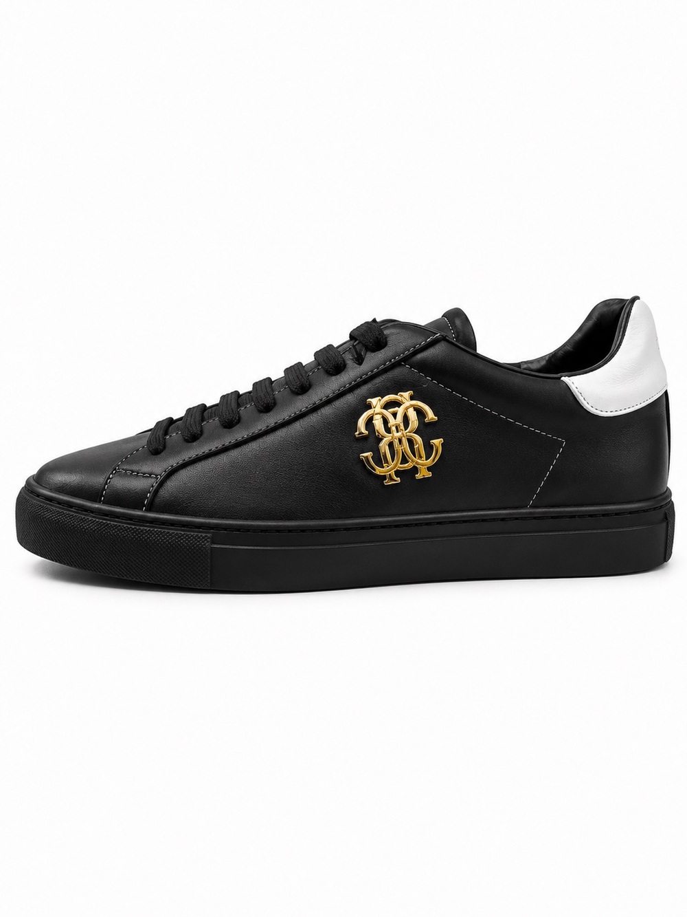 Roberto Cavalli Black and White Leather Low-Top Sneakers with Gold Logo
